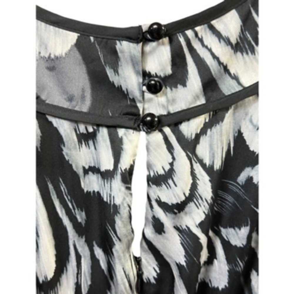 AB Studio Sheath Dress Black Grey Feather Print Women Size 6 Belted Elegant - Picture 8 of 13